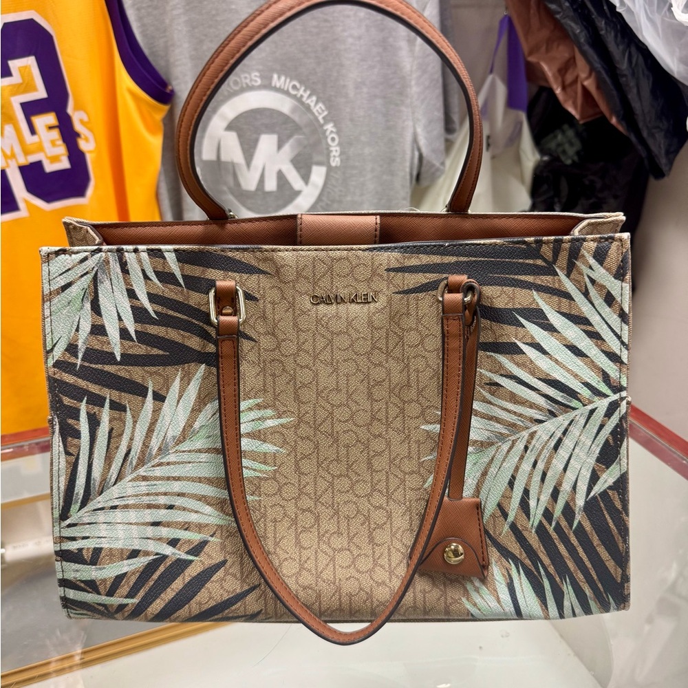 Calvin Klein Brown and Green Tote Bag with Leather Accents